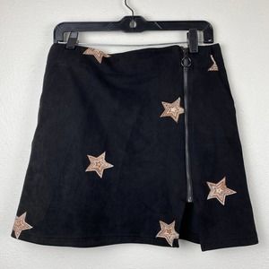 Altar’d State Faux Suede Black Mini Skirt with Star Embroidered Pattern Womens M
